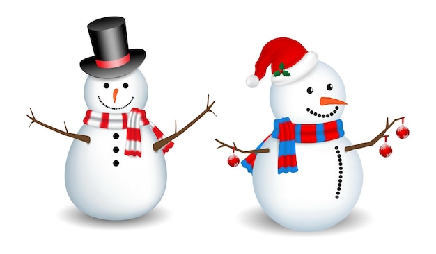 set of realistic snowman isolated or cute snowman with santa hat on snowy background or snowman