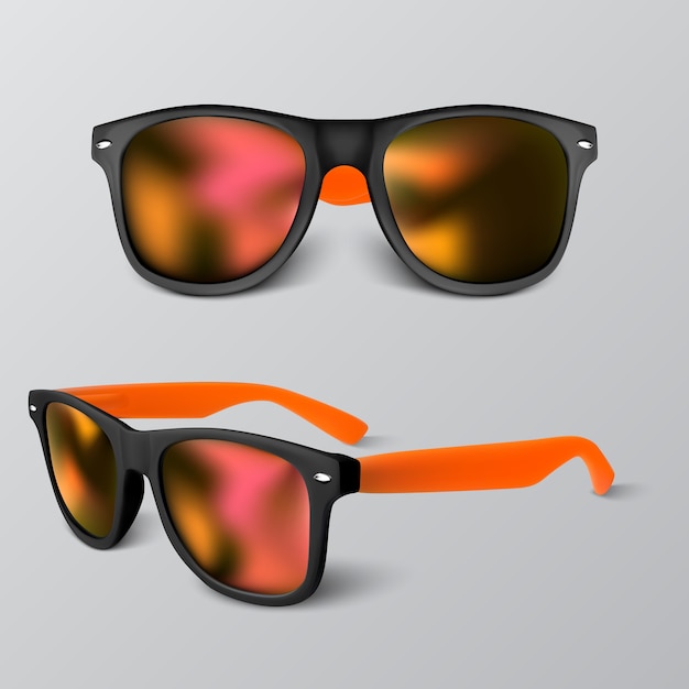 Vector set of realistic sunglass with red lens  on gray backgroud.  illustration.