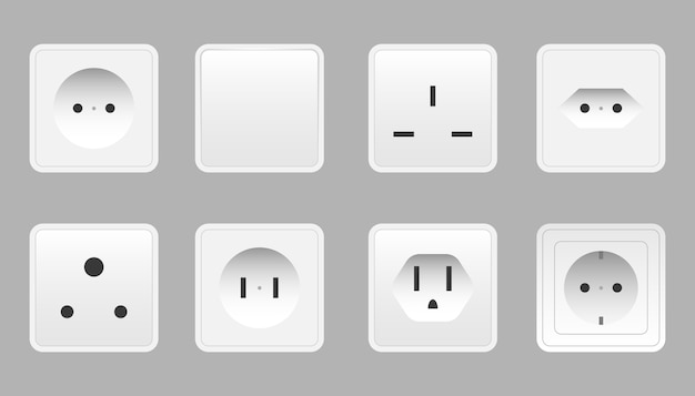 Set of realistic switches and sockets of various type isolated. Power electrical socket