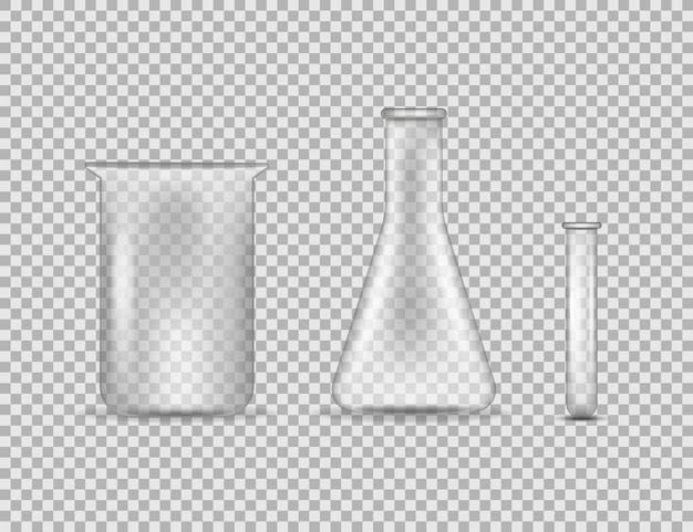 Set of realistic testtubes and glass jars of various shape with measuring scale isolated vector illustration