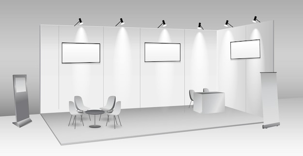 Set of realistic trade exhibition stand or white blank exhibition kiosk or stand booth corporate com