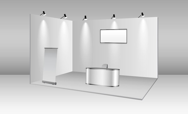 Set of realistic trade exhibition stand or white blank exhibition kiosk or stand booth corporate