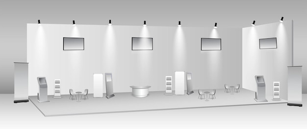 set of realistic trade exhibition stand or white blank exhibition kiosk or stand booth corporate