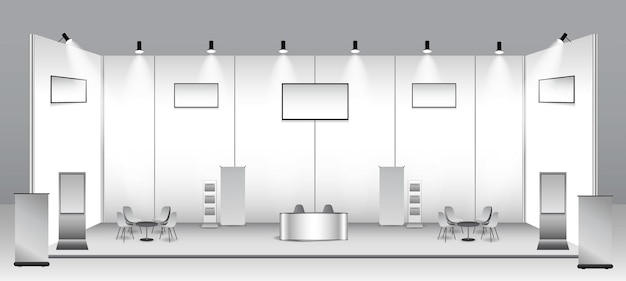 set of realistic trade exhibition stand or white blank exhibition kiosk or stand booth corporate