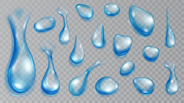 Set of realistic translucent water drops in light blue colors in various shape and size