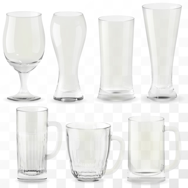 Set of  realistic transparent beer glasses. Alcohol drink glass