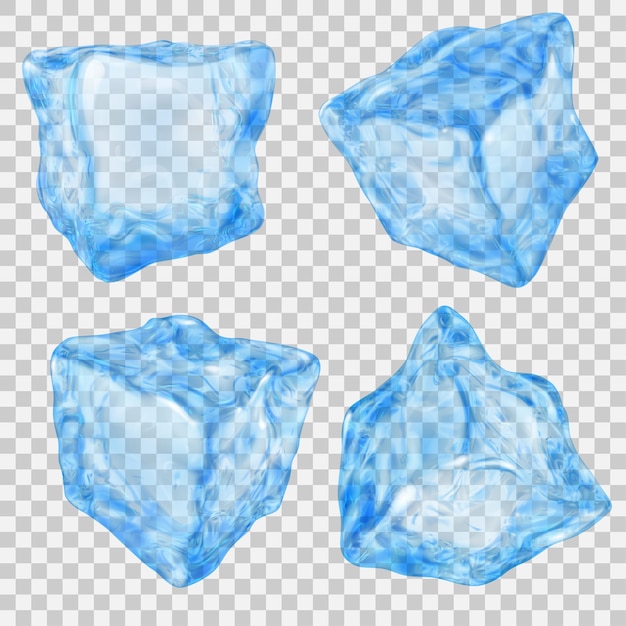 set of realistic transparent ice cube in light blue colors on transparent background