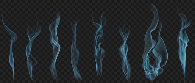 Set of realistic transparent smoke or steam in light blue colors