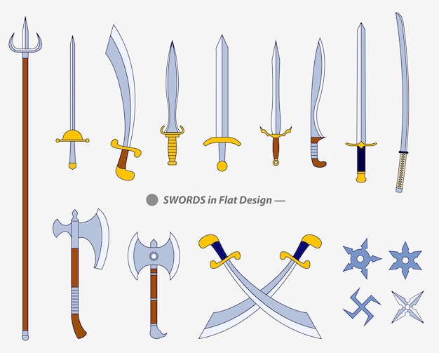 set of realistic warrior sword or cross swords shield or axe sword cartoon shield or keris