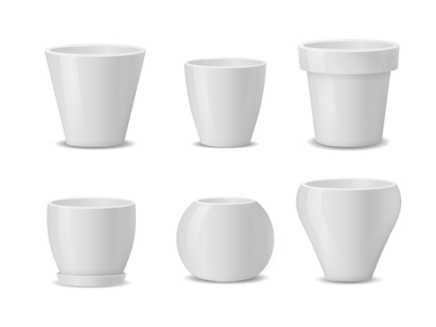 Set of realistic white ceramic flower pots isolated on white background