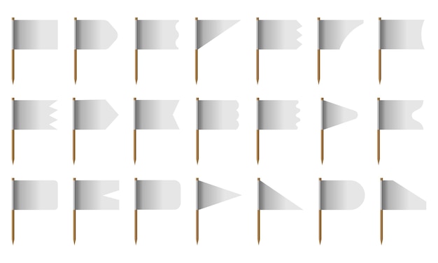 Set realistic white flag isolated on background 3D pillars of different shapes blank pole