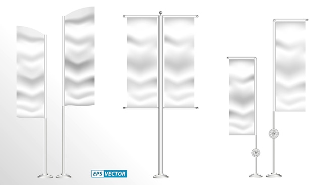 set of realistic white flag and textile banner template isolated.