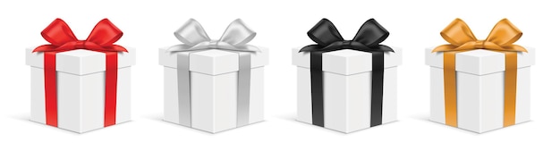 set of realistic white gift boxes with different color ribbons