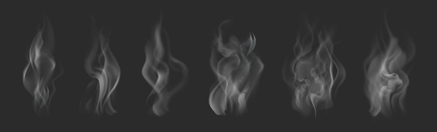 Vector set of realistic white smoke pattern or fire steam effect isolated on dark background