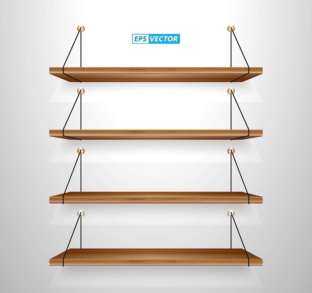 set of realistic wooden wall shelves isolated