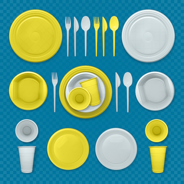 Vector set of realistic yellow and white plastic dishes