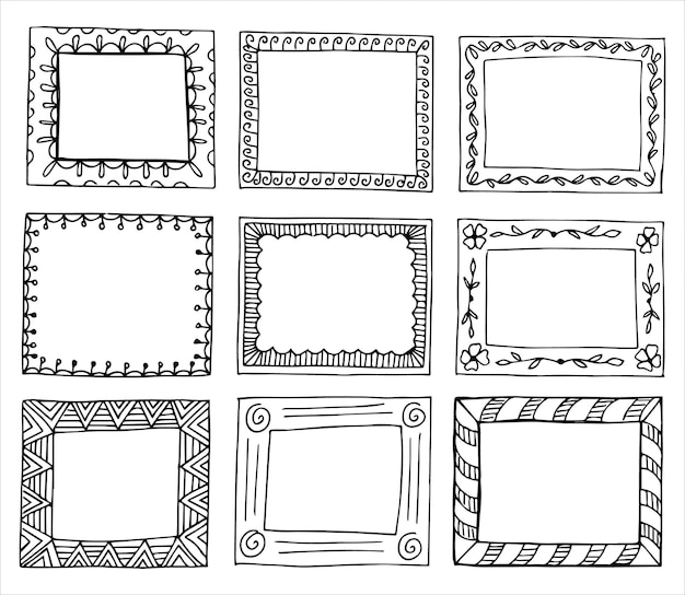 Set of rectangular frames in hand drawn doodle style