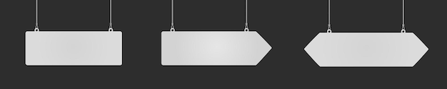 Set of rectangular one side and double arrow danglers hanging from ceiling realistic mockup