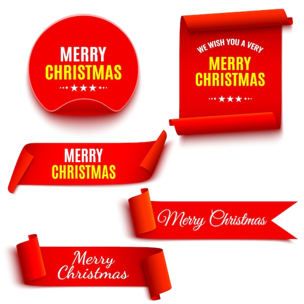 Set of red Christmas banners. Ribbons and round sticker. Paper scrolls.  illustration.