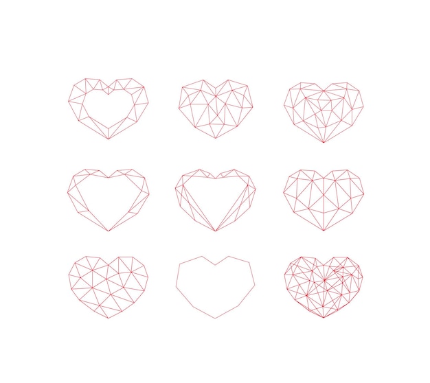 Set of red geometric hearts vector low poly abstract hert shapes