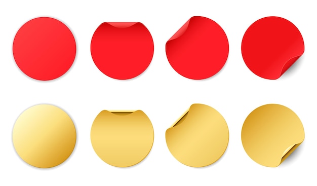 Set of red and gold round glued stickers Blank round paper label template with curled corners