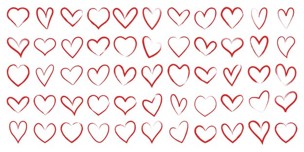 Set of red hearts of different shapes brush drawing