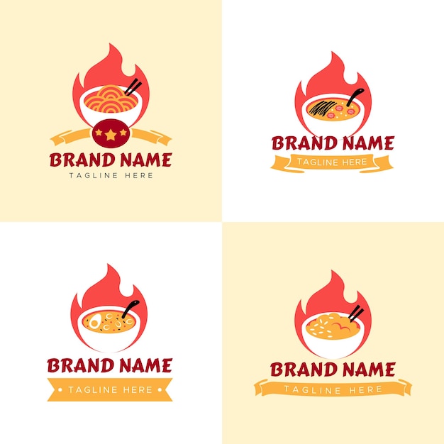 Set of Red hot japanese restaurant logo with fire and bowl ramen noodle soup in cream background