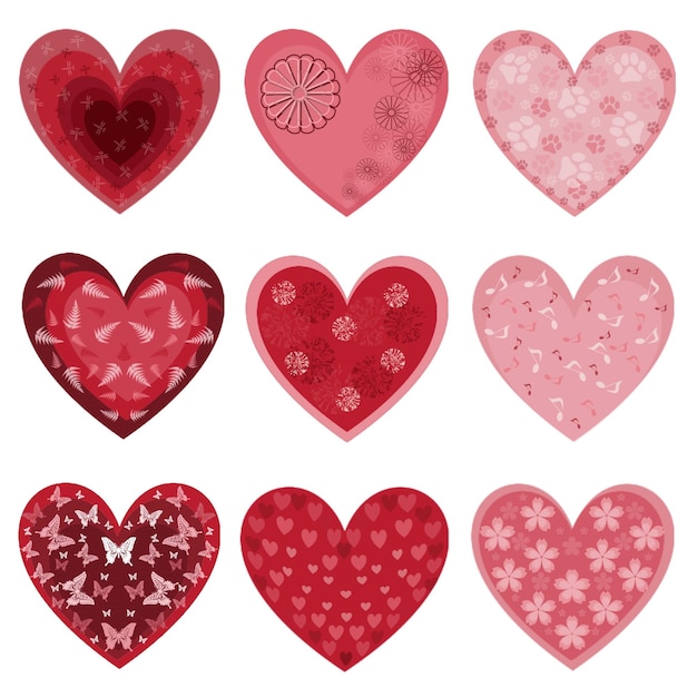 Set of red and pink hearts with romantic patterns. Vector EPS  illustration transparent background.