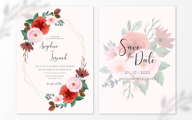 Set of Red And Pink Watercolor Floral Wedding Invitation