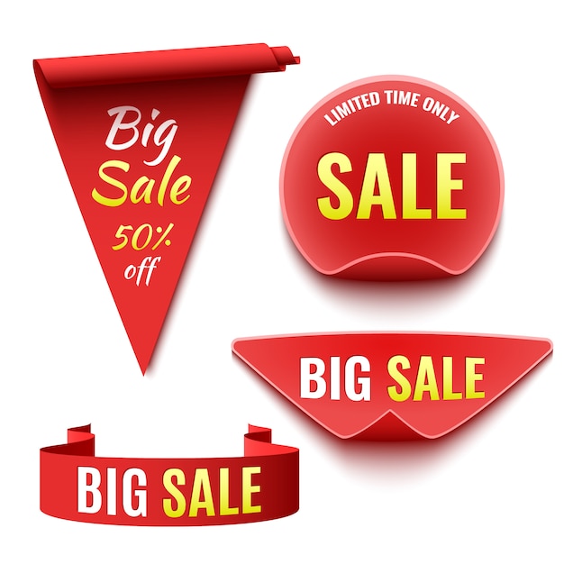 Set of red sale banners. Ribbons and stickers.