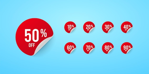 Set of red stickers with different percent discount