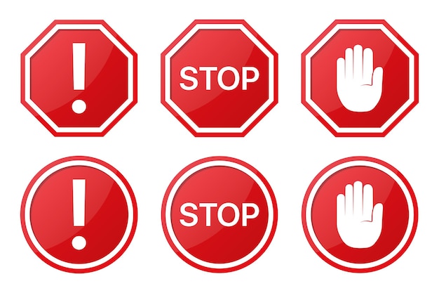 Set of red STOP sign with arrow, word and hand