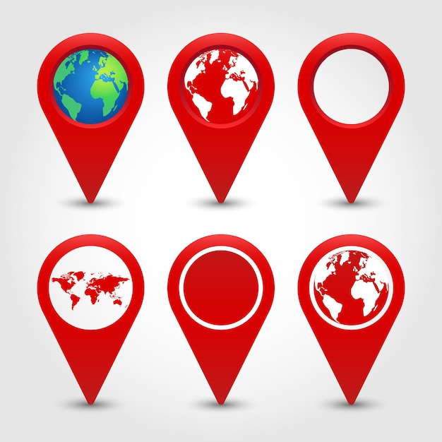 Set of red symbols geolocation with a globe