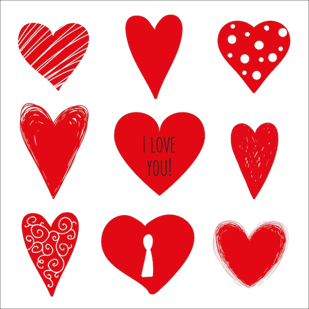 Set of red vector hearts on white background, i love you, valentines day.