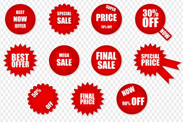 Set of red vector isolated stickers with sale clearance slogans sales promotion popeyed desing discount offer