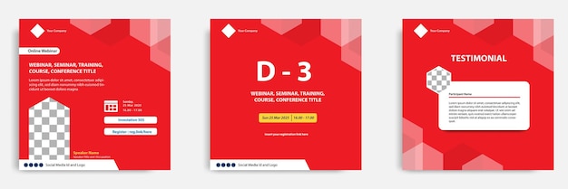 Vector set of red webinar, seminar, training, course modern square banner and flayer layout template