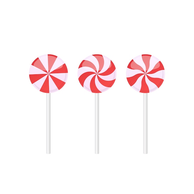 Set of red and white lollipops candies with various rays patterns. Vector illustration isolated on white background