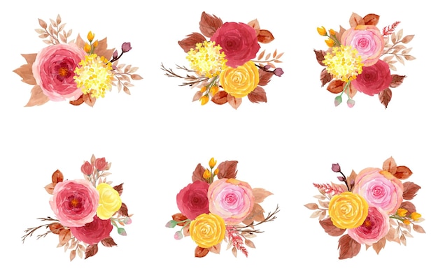 Set of Red And Yellow Watercolor Floral Bouquet