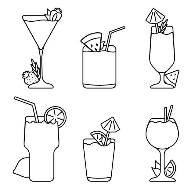 Set of refreshing mixed cocktails outlines icons