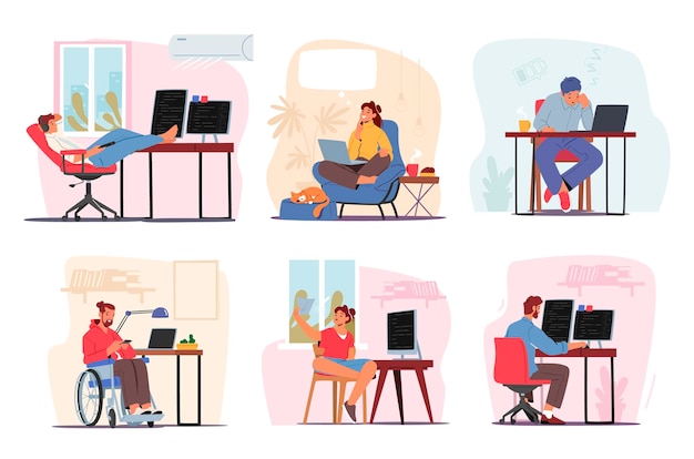 Set Remote Workplace Homeworking Concept Men and Women Freelancers Characters Working from Home on Computers