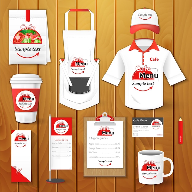 Set of restaurant corporate identity burgers uniform flyer shirt cup menu package apron