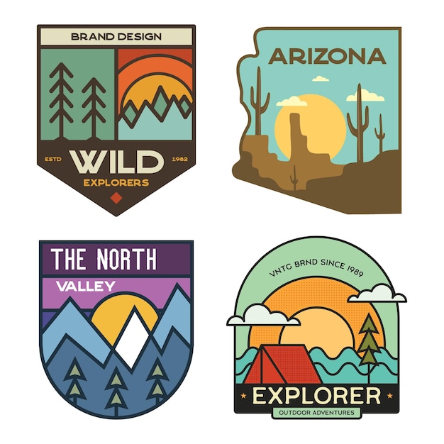 Set of retro camping badges featuring various wildernessthemed designs including mountains forests Arizona desert and outdoor activities Stock vector travel labels isolated on white background