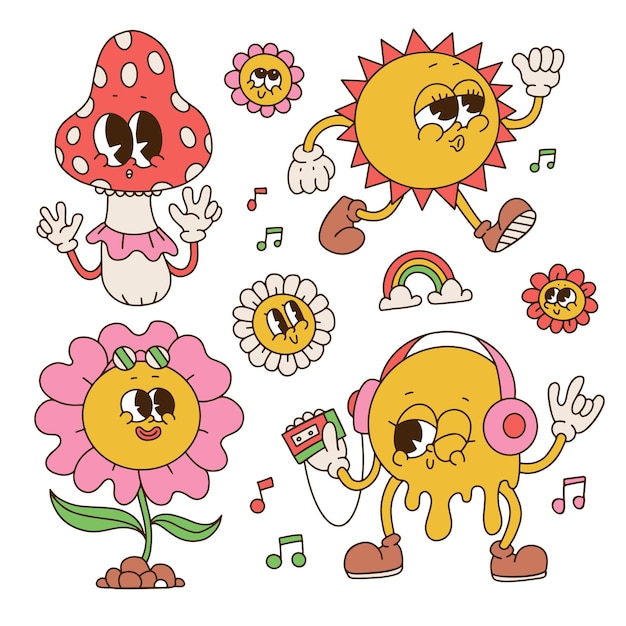 Set of retro cartoon characters with face expressions retro groovy contour graphic flowers mushroom