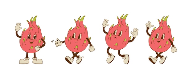 Set of retro cartoon dragon fruit characters in different poses and emotion Smiling pitaya mascot