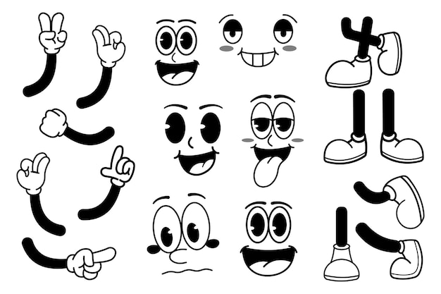 Set of retro cartoon facial expressions legs and hands in gloves Hand drawn vector illustration