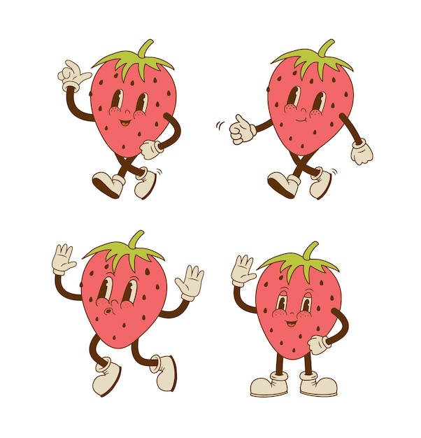 Set of retro cartoon strawberry characters in different poses and emotion Smiling berry mascot