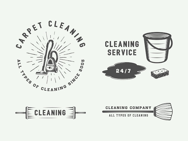 Set of retro cleaning logo badges emblems and labels in vintage style Monochrome Graphic