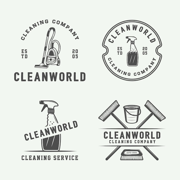 Set of retro cleaning logo badges emblems and labels in vintage style Monochrome