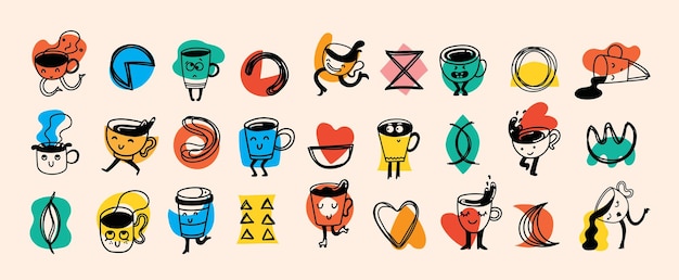 Set of retro doodle funny coffee characters and geometric shapes and doodles posters