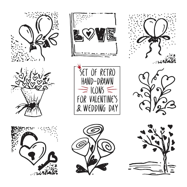 Set of retro handdrawn icon for valentines and wedding day